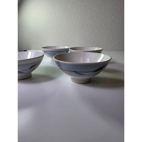 JAPANESE Blue Brown Hand Painted Glazed Rice Bowls Set of 4 - Picture 2 of 10